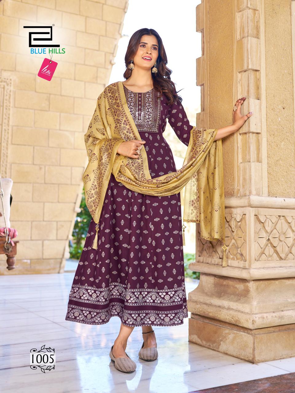 Vasuki By Blue Hills Rayon Foil Print Anarkali Kurti With Dupatta Wholesale Suppliers In Mumbai